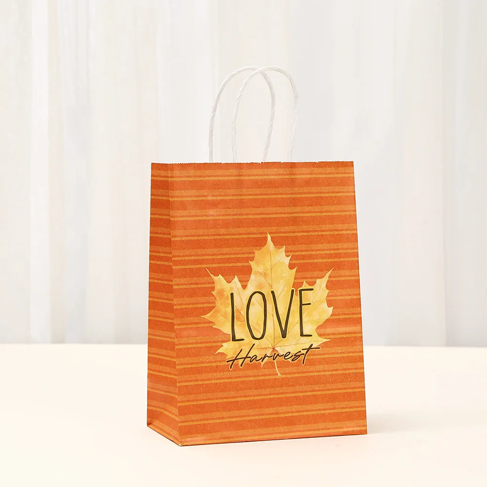 Autumn Pumpkin & Maple Leaf Kraft Paper Gift Bags for Candy, Sweets, Cookies, Party Favors, Thanksgiving, Baby Shower, Birthday, Wedding, Harvest Festival, Eco-Friendly Packaging, Large Capacity