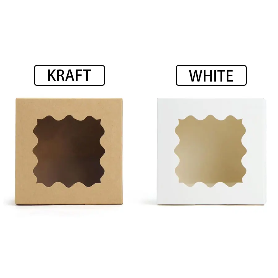 50/100Pcs Kraft Paper Cake Boxes with Clear Window, 4x4x2.5 Inch Cardboard Dessert Containers for Pastries, Macarons, Chocolates, Biscuits, Cookies and Bakery Packaging Supplies 1