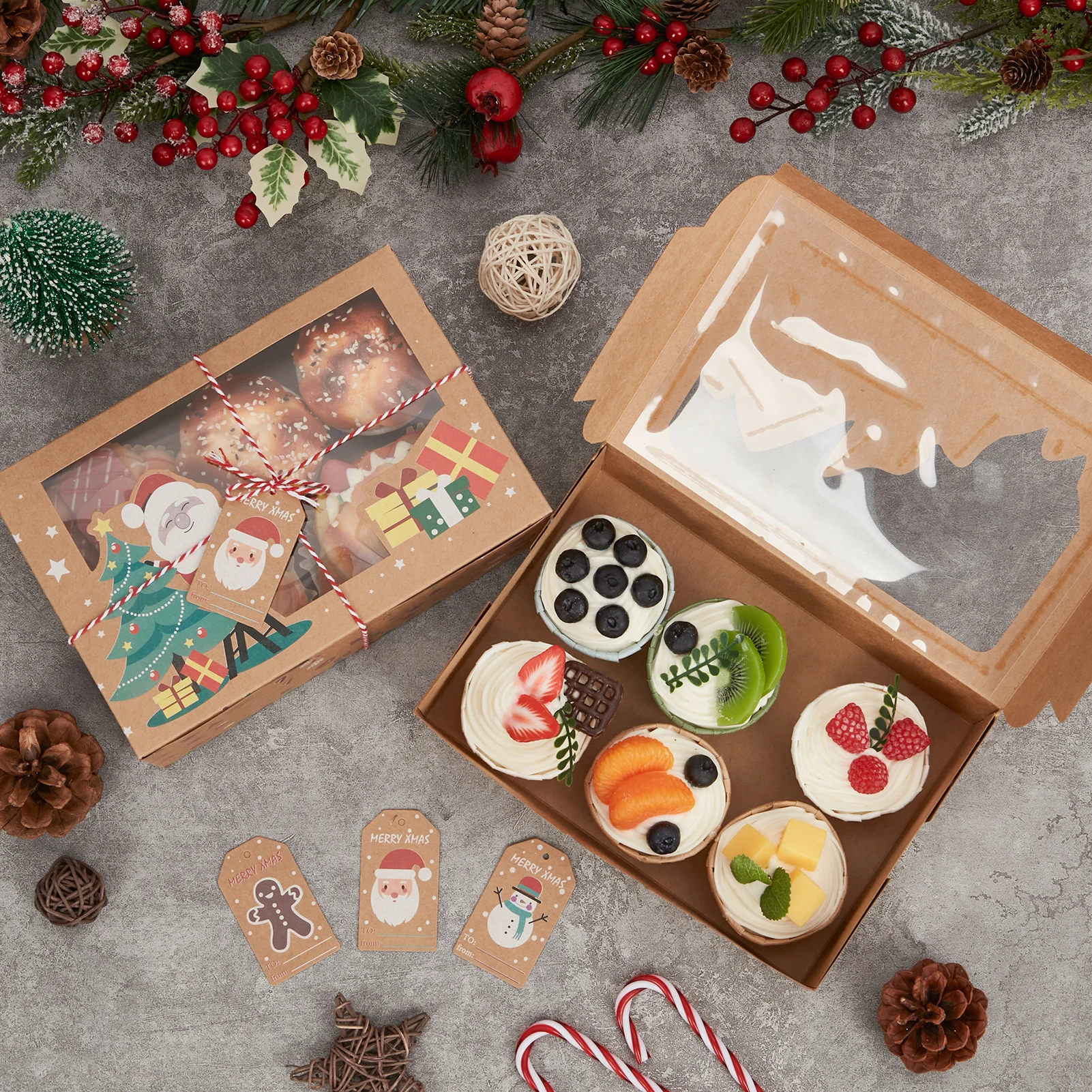 12Pcs Christmas Cookie Boxes with Window, Foldable Kraft Bakery Gift Packaging for Cupcakes, Candy, Pastries, Chocolates, Holiday Treat Boxes with Tags and Red White Twine for Party Favors 5