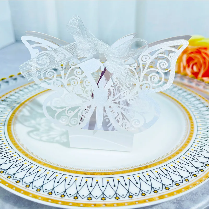 50pcs Laser Cut Candy Favor Boxes with Ribbons, Wedding Gift Cartons for Chocolate Cookie Treats, Baby Shower Bridal Shower Party Supplies, Solid Color & Rainbow Decorative Packaging