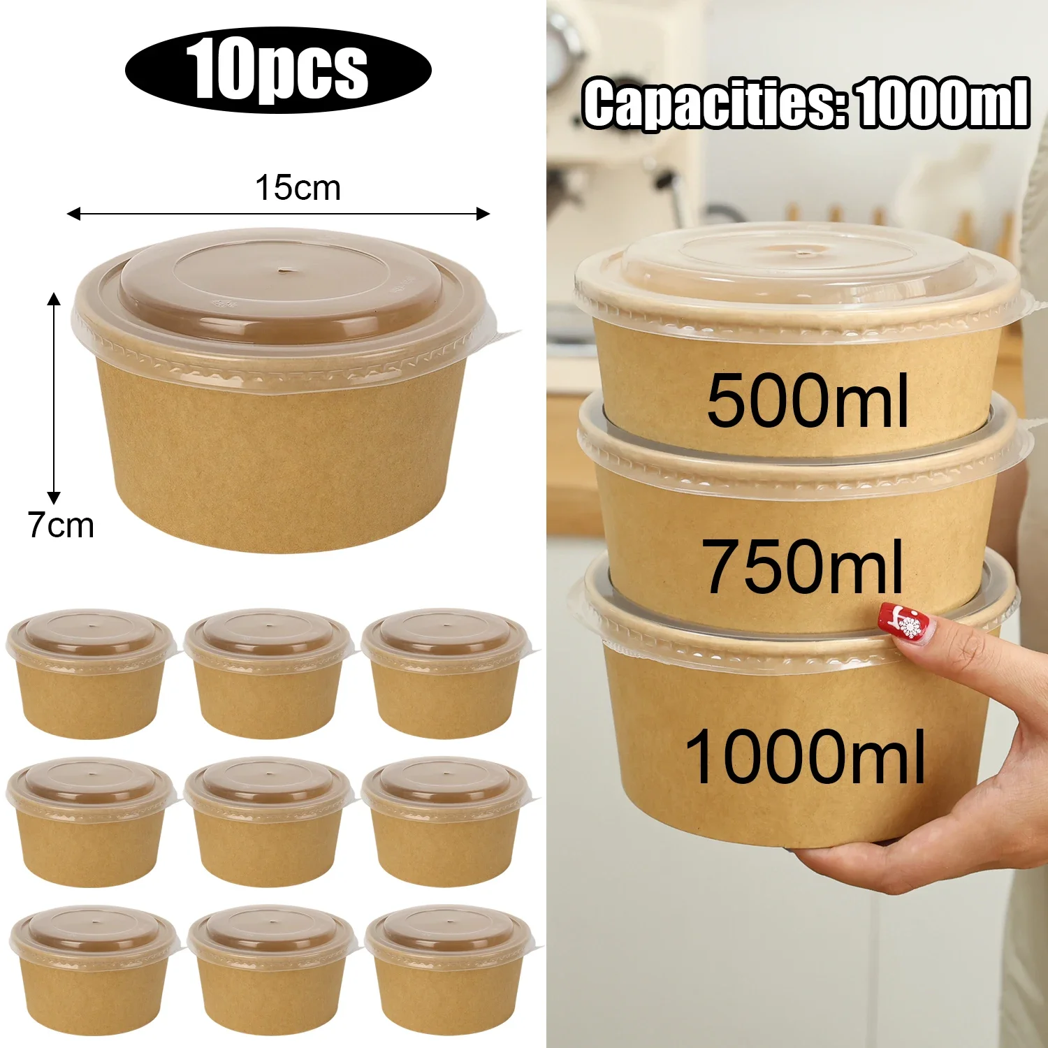 10-Pack Kraft Paper Salad Bowls with Lids Biodegradable Disposable Tableware for Meal Prep Takeout Bento Food Containers Eco-Friendly Portable 500ml 750ml 1000ml - 图片 7