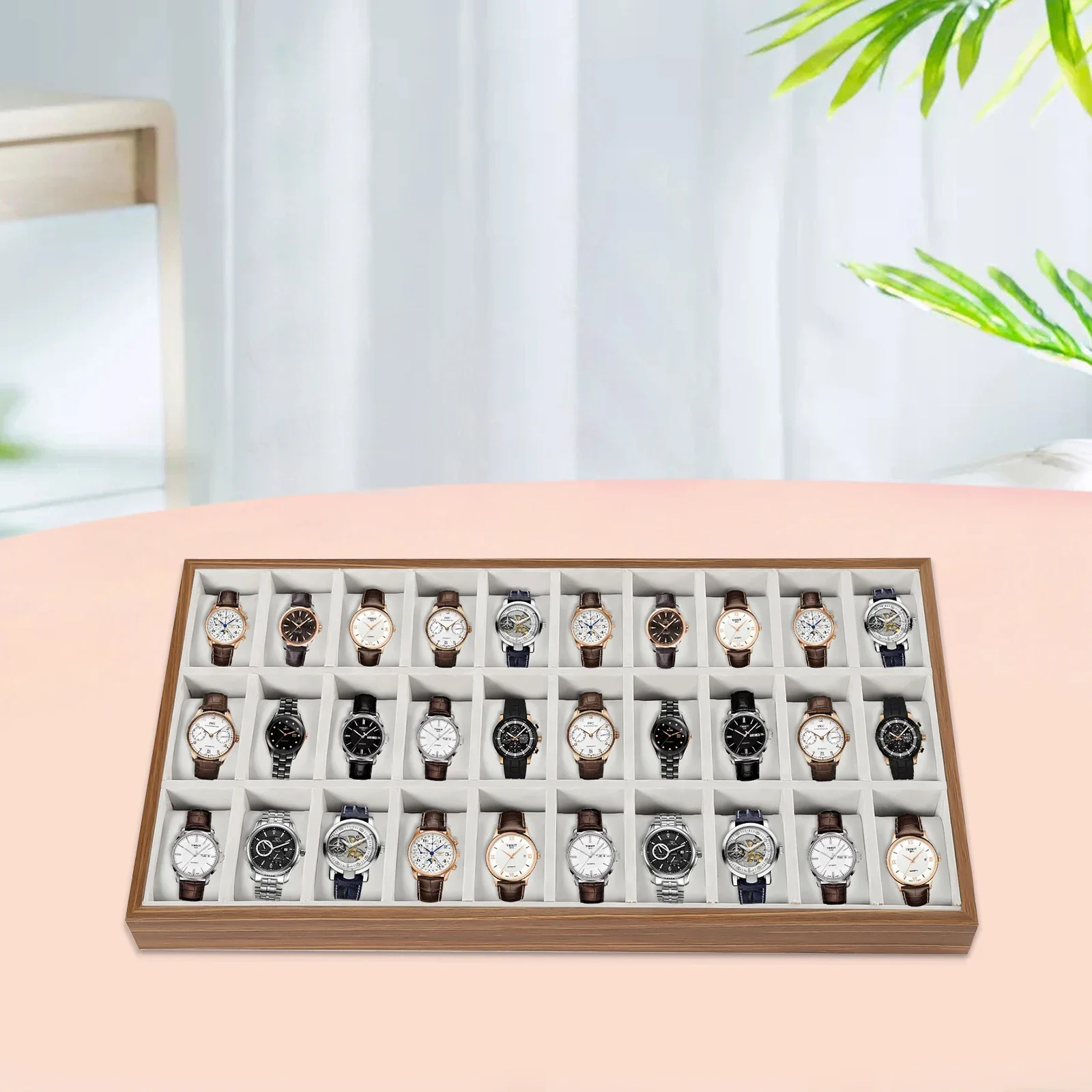 Luxury Wooden 30-Slot Watch Display Organizer Box with Soft Velveteen Pillows, Modern Large Jewelry and Timepiece Storage Case, Elegant Gift Presentation for Men and Women