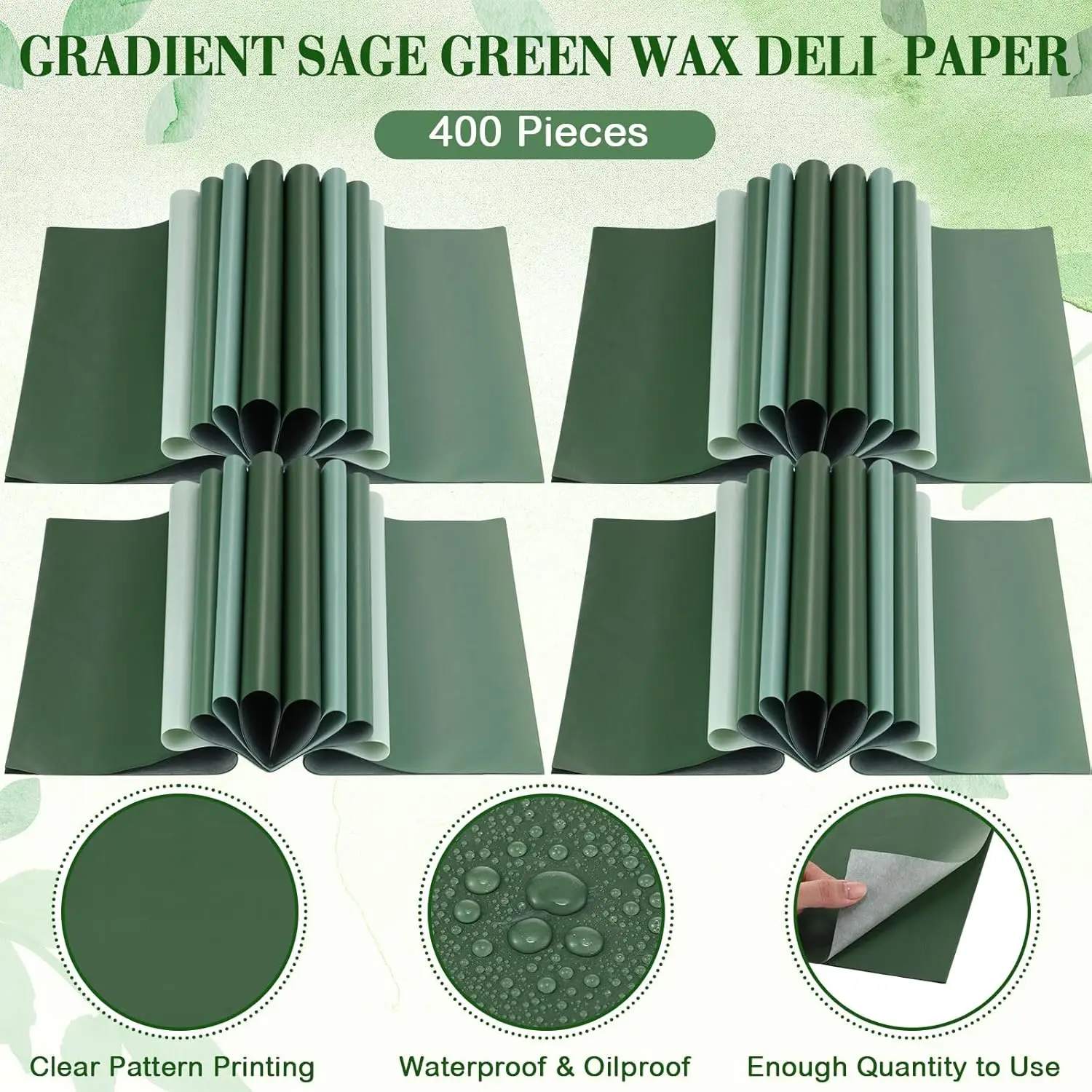 400 Sheets Sage Green Wax Paper – Gradient Green Greaseproof Deli Wrapping Sheets, Oil-Proof Waterproof Food Wrap for Sandwiches, Burgers, Cookies, Bread, Party Baking 11.8x11.8 Inch - 图片 3