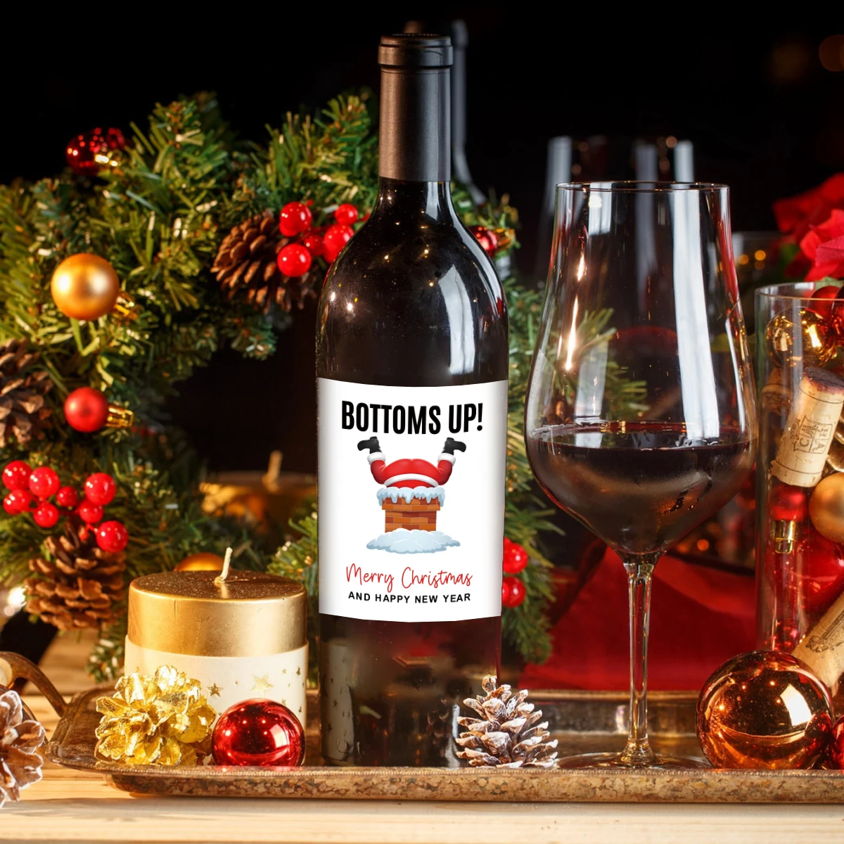 6PCS Christmas Wine Bottle Labels – Waterproof Self-Adhesive Vinyl Stickers with Funny Santa Claus & Holiday Greetings, Perfect for Xmas Party Decorations, Gift Wrapping, New Year Celebration Supplies