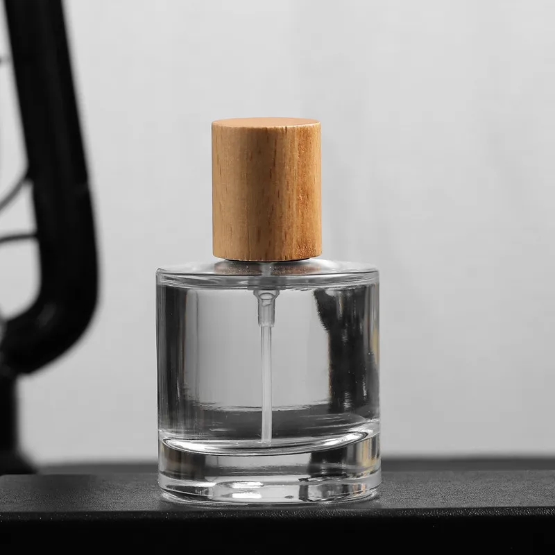5PCS 50ML Premium Refillable Glass Perfume Bottles, Empty Spray Containers with Elegant Wood Caps, Crimp Neck Bayonet Atomizer Bottles for Travel, Cosmetic Display, Boutique Retail and Luxury Gift Packaging