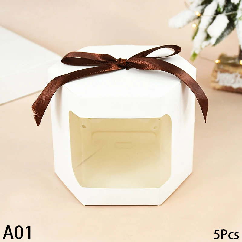 5Pcs Hexagon Kraft Paper Gift Boxes with Transparent Window, Brown and White Dessert Packaging Containers for Baking, Wedding Favors, Candy, Chocolates, and Party Gift Presentation - 图片 8