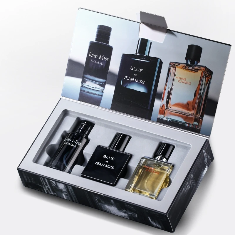 Luxury Empty Perfume Bottle Set with Gift Box – 3-Pack 30ml Refillable Men’s Containers, 90ml Total, Glass, PET, Acrylic, or Metal Bottles with Alloy, ABS, or Wooden Cap Options, Premium Paperboard, Kraft, or Recycled Box with Matte, Glossy, or Embossed Finish and Velvet, Satin, or EVA Foam Interior