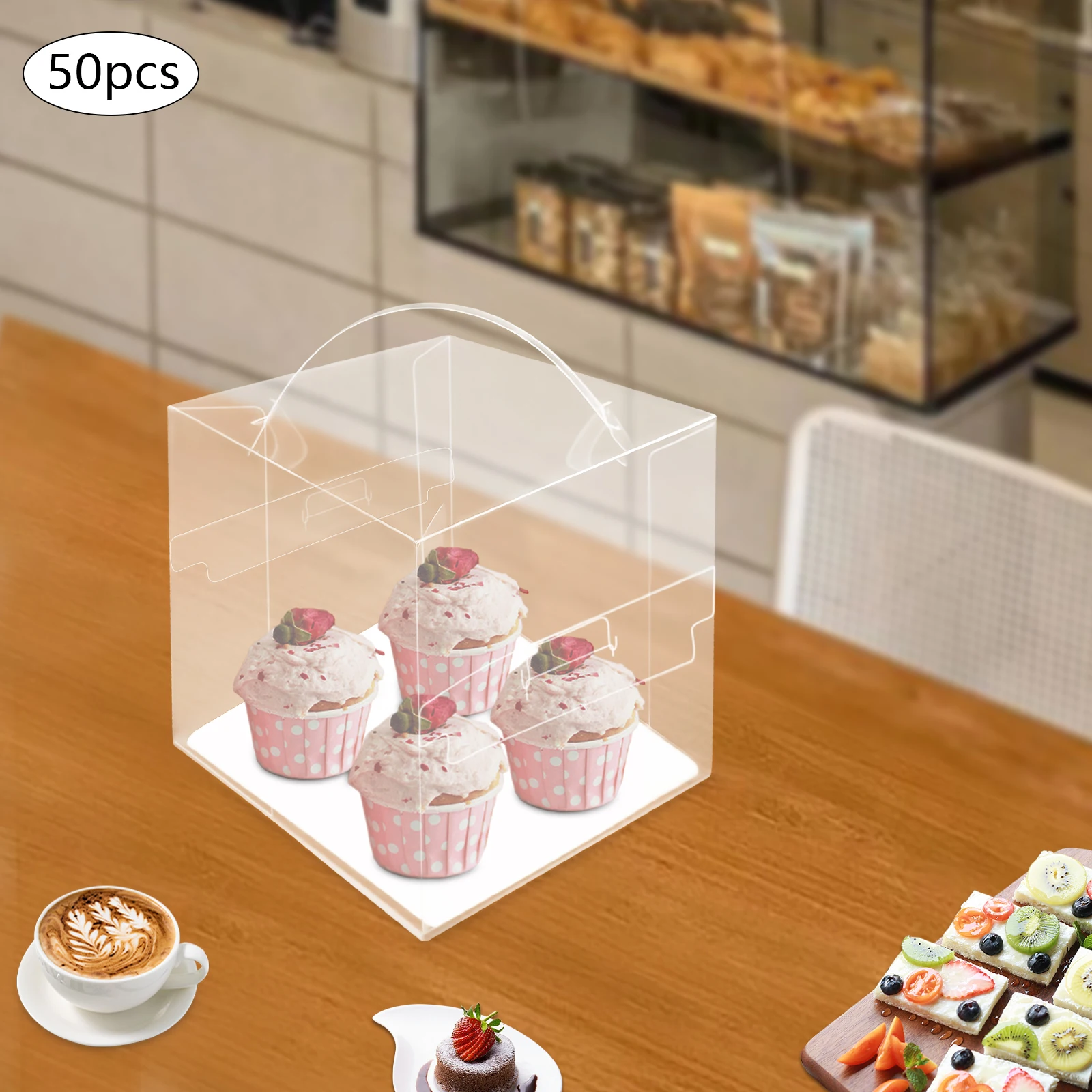 50pcs Clear PET Square Cake Boxes with Handles, 13x13x13cm Assembly Required, Food-Safe Plastic and Cardboard Dessert Packaging, Cupcake and Cookie Containers for Bakery, Birthday, Wedding, Party 5