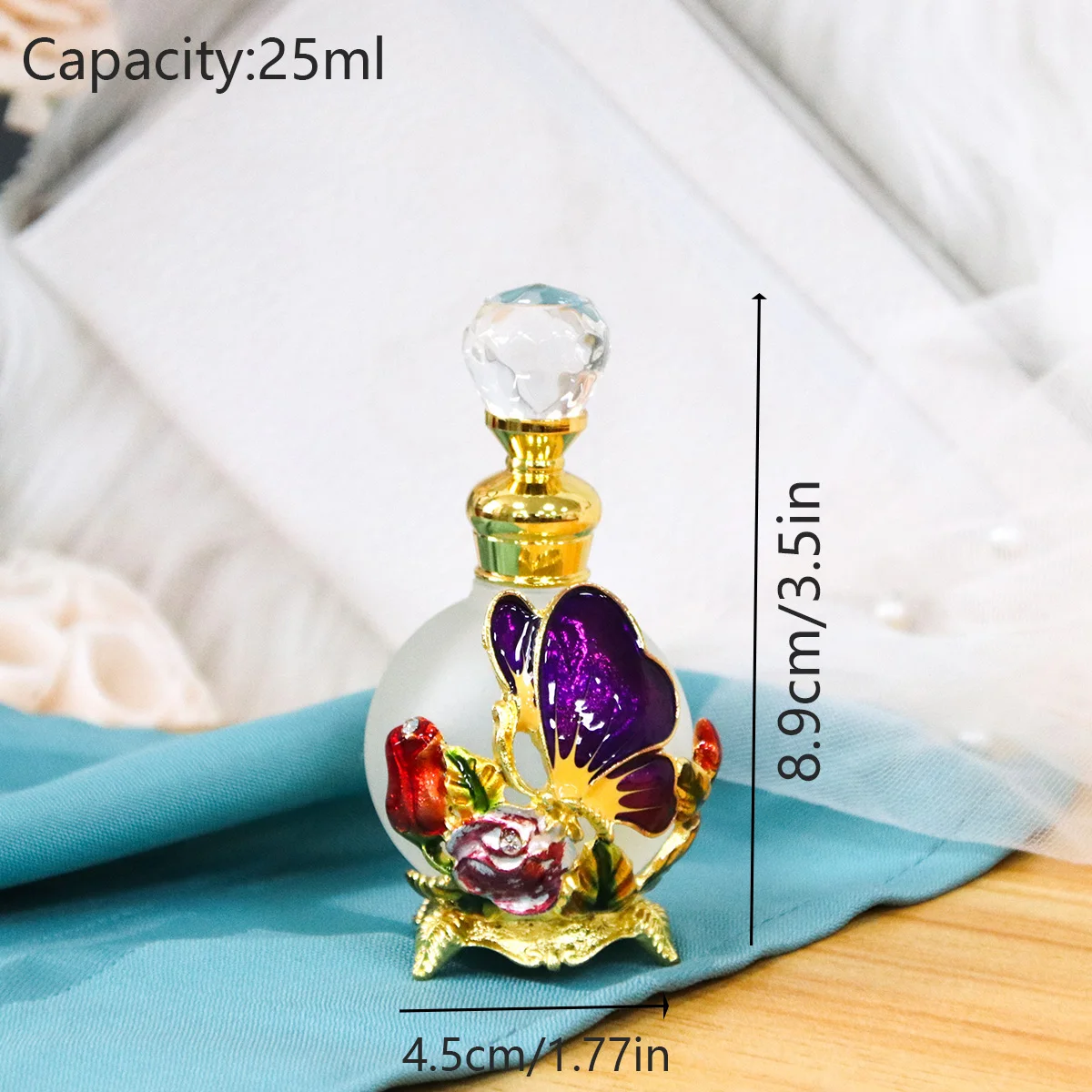 25ml Decorative Butterfly Rose Bottle with Zinc Alloy Metal Detailing and Glass Interior – Elegant Empty Container with Stainless Steel Applicator Stick for Essential Oils, Attar, Serums and Gift Packaging 4