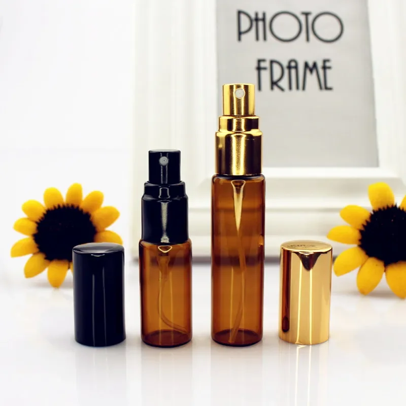5pcs/lot Amber Glass Mini Spray Bottles, 5ML 10ML 15ML 20ML Portable Refillable Thin Glass Vials with Gold/Silver Cap, Sample Atomizer Containers for Travel, Essential Oils, DIY Liquids