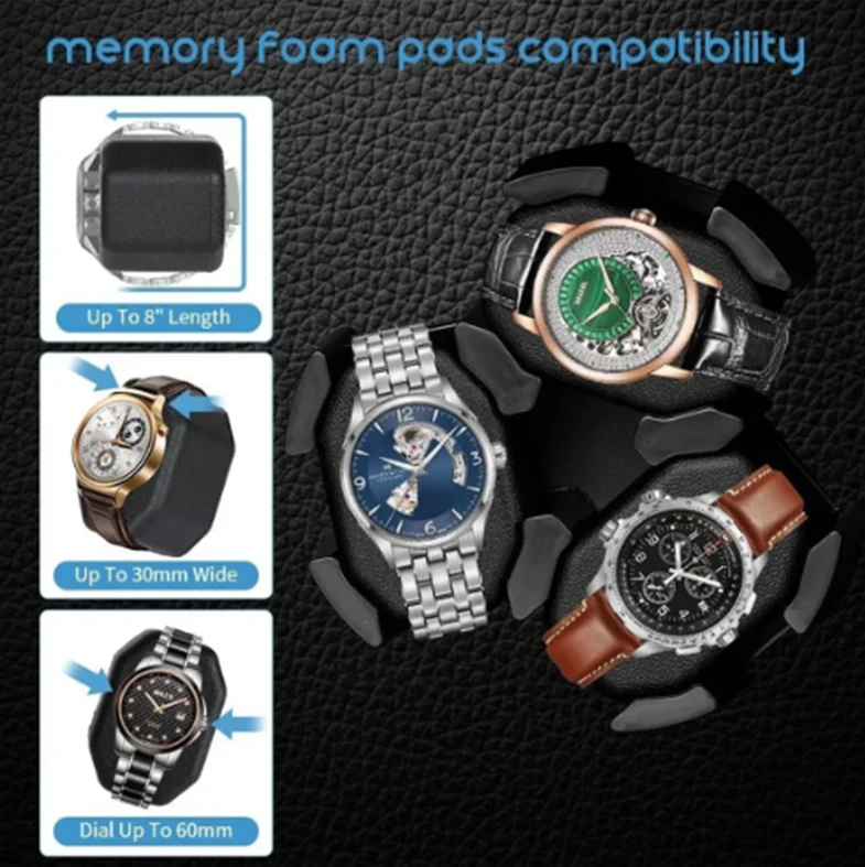 Automatic 6-Slot Watch Winder Box with Blue LED Light, Black Walnut Finish, Soft Memory Foam Pillows, Lid Sensor, Six Rotation Modes, Super Quiet Japanese Motor, PU Interior, AC Adapter Included, Ideal Gift for Luxury Watches 5