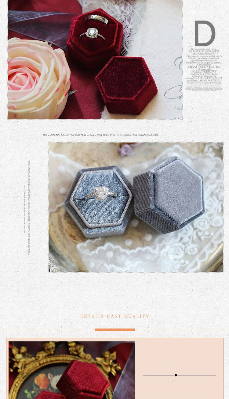 Vintage Hexagon Velvet Jewelry Double Ring Packaging Box | Elegant Engagement Wedding Ring Holder | Velvet Empty Case for Ceremony, Proposal, Valentine’s Gift Organizer Display