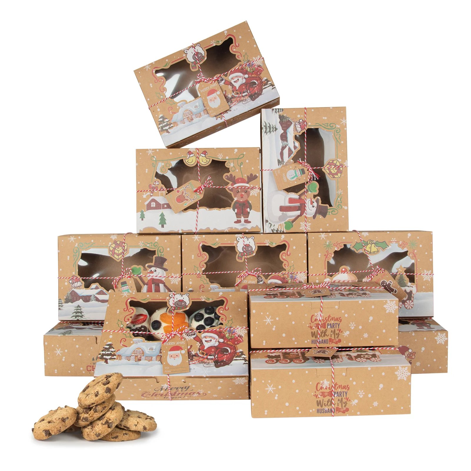 12Pcs Christmas Cookie Boxes with Window, Foldable Kraft Bakery Gift Packaging for Cupcakes, Candy, Pastries, Chocolates, Holiday Treat Boxes with Tags and Red White Twine for Party Favors 1