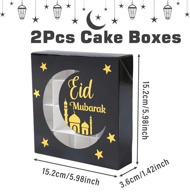 2Pcs Eid Mubarak Cake Boxes with Clear Window, Ramadan Kareem Transparent Candy and Chocolate Packaging Containers, Islamic Muslim Party Supplies for Home Decor, Dessert and Gift Presentation - 图片 10