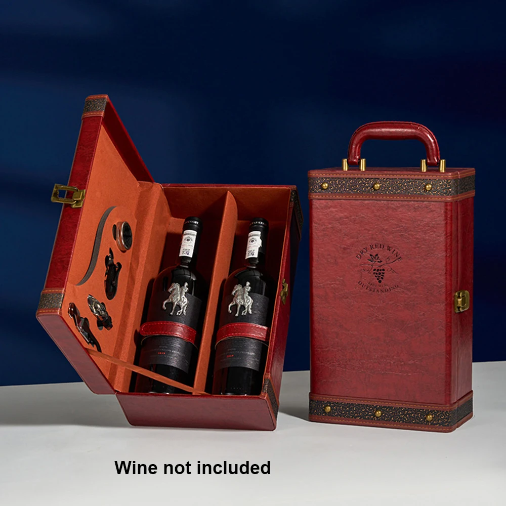 2 Bottle Wine Gift Box with 4 Accessories Set – PU Leather Portable Wine Carrier Tote, Dual Bottle Storage and Presentation Box for Home Display, Business Gifting, and Wine Collection - 图片 9