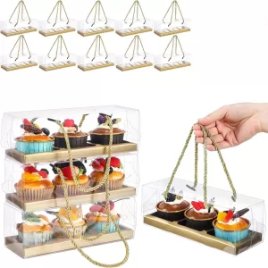10Pcs Clear Cupcake Boxes with Rope Handles, Portable Rectangular 3-Compartment Cake Containers, PET and Cardboard Dessert Carriers for Parties, Weddings, Birthdays, Baby Showers