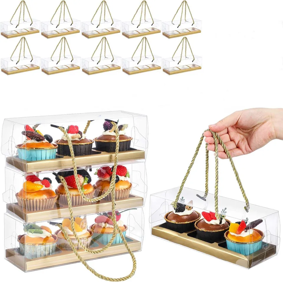 10Pcs Clear Cupcake Boxes with Rope Handles, Portable Rectangular 3-Compartment Cake Containers, PET and Cardboard Dessert Carriers for Parties, Weddings, Birthdays, Baby Showers - 图片 7