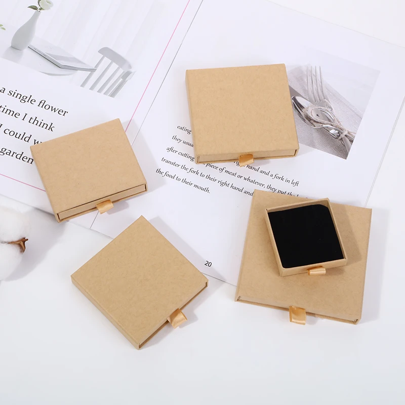 Custom Kraft Paper Drawer Jewelry Boxes with Logo – Small Business Necklace Ring Earring Packaging Gift Boxes | 1000g Paper + Black Sponge Insert | Plain or Personalized Jewelry Box Bulk Wholesale