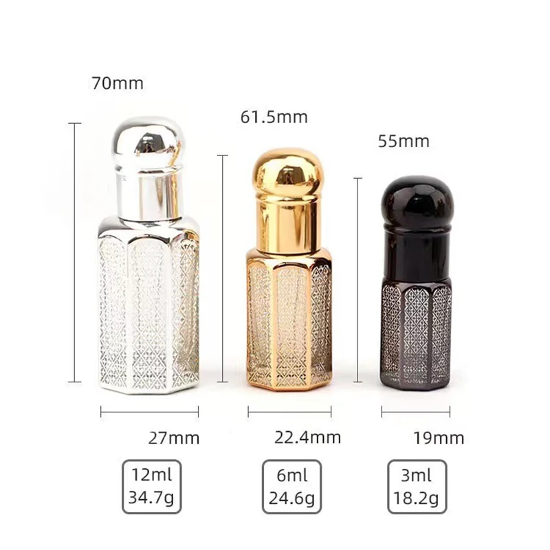 3ml/6ml/12ml Luxury Colored Glass Essential Oil Bottles – Electroplated Carved Design with Ball Applicator, Refillable Mini Containers for Perfume, Serum, Makeup and Cosmetic Travel Storage