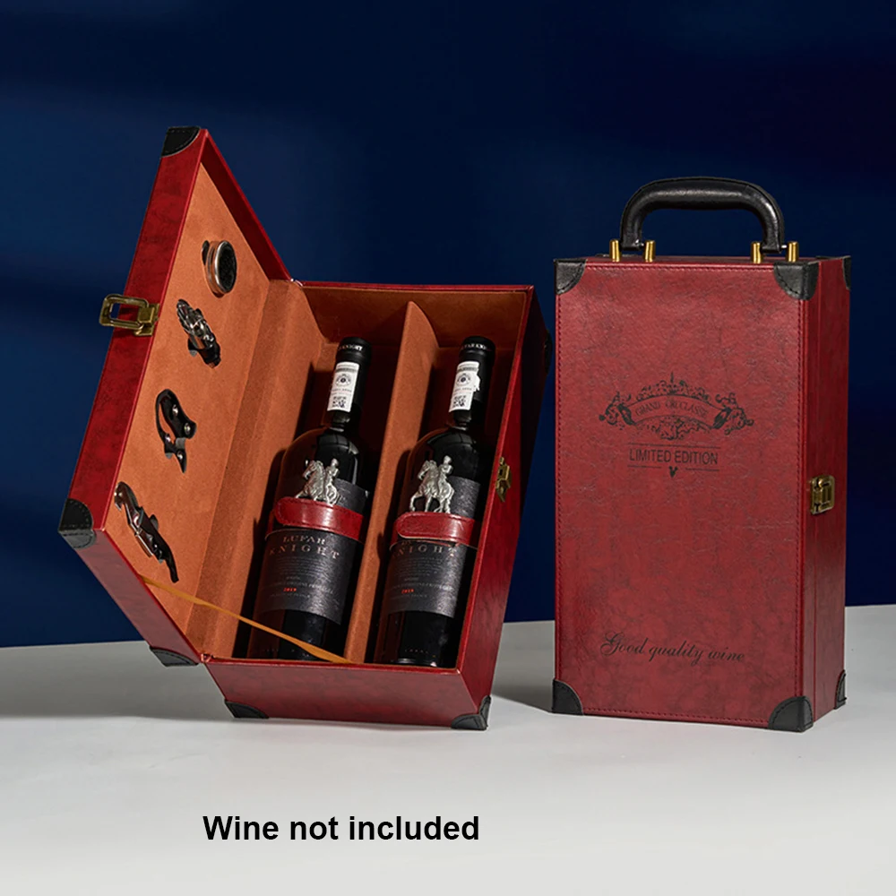 2 Bottle Wine Gift Box with 4 Accessories Set – PU Leather Portable Wine Carrier Tote, Dual Bottle Storage and Presentation Box for Home Display, Business Gifting, and Wine Collection - 图片 7