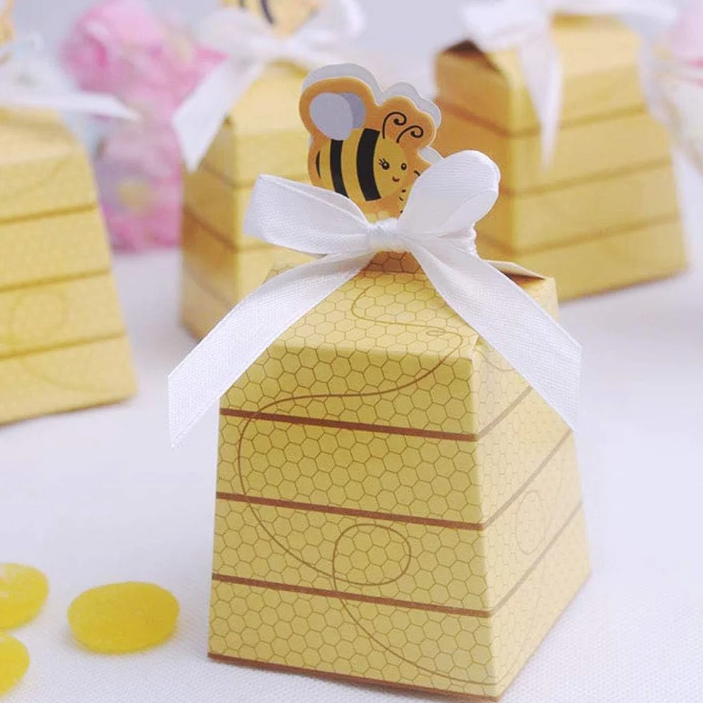 25PCS Paper Beehive-Shaped Gift Boxes with Ribbons, Fun Bee Party Favor Packaging for Weddings, Birthdays, Baby Showers, Candy or Small Gifts, Decorative Party Boxes, Factory Direct Supply