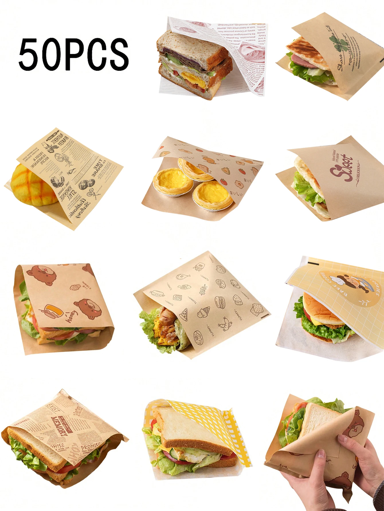 50PCS Grease-Resistant Kraft Paper Food Wrapping Sheets – Oil-Proof Sandwich, Burger, Fries, Toast & Fried Food Liners – Cute Bear Print Party Disposable Paper Mats for Home, Restaurant, Bakery - 图片 6