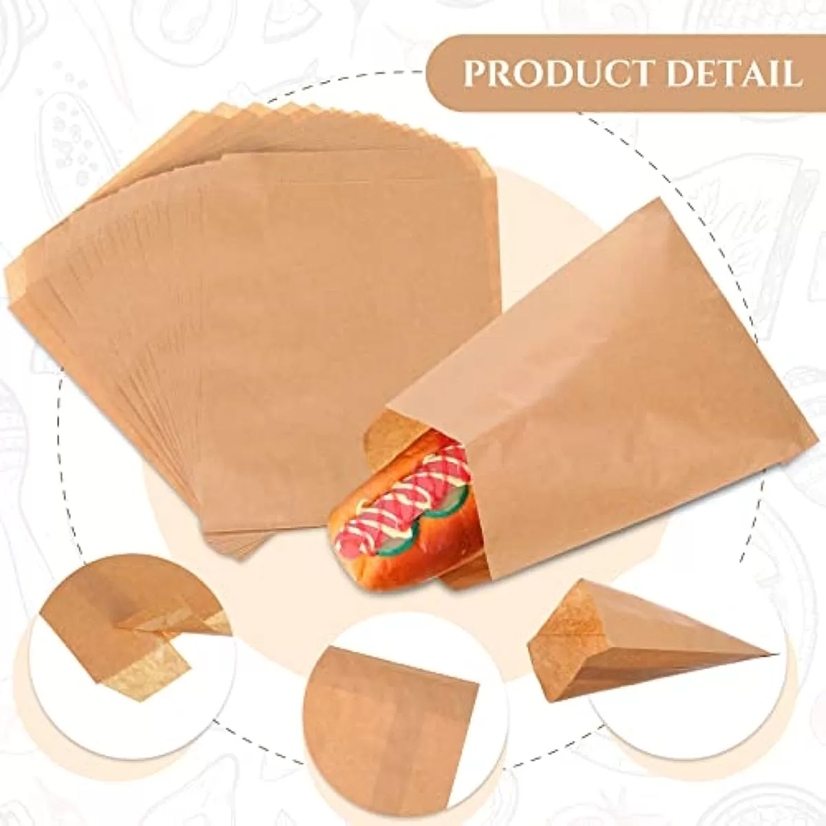 100pcs 5x7 Inches Grease-Resistant Brown Paper Treat Bags, Flat Greaseproof Snack Bags for Cookies, Candy, Sandwiches, Popcorn, Doughnuts, Pastry, and Party Favor Packaging 1