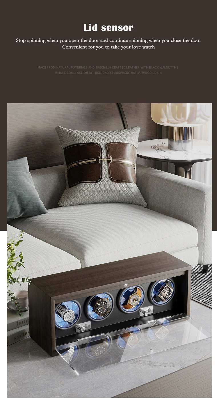 Luxury 4-Slot Automatic Watch Winder Box with High-Precision Japanese Motor, Premium Wooden Construction, Soft Memory Foam Cushions, LED Illumination, Lid Stop Function, Universal AC/USB Powered, Ideal Display Case for Mechanical Watches 2