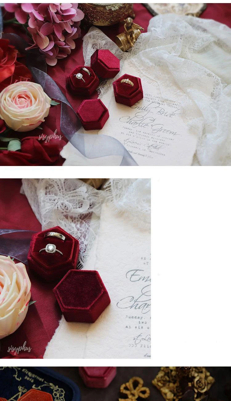 Vintage Hexagon Velvet Jewelry Double Ring Packaging Box | Elegant Engagement Wedding Ring Holder | Velvet Empty Case for Ceremony, Proposal, Valentine’s Gift Organizer Display