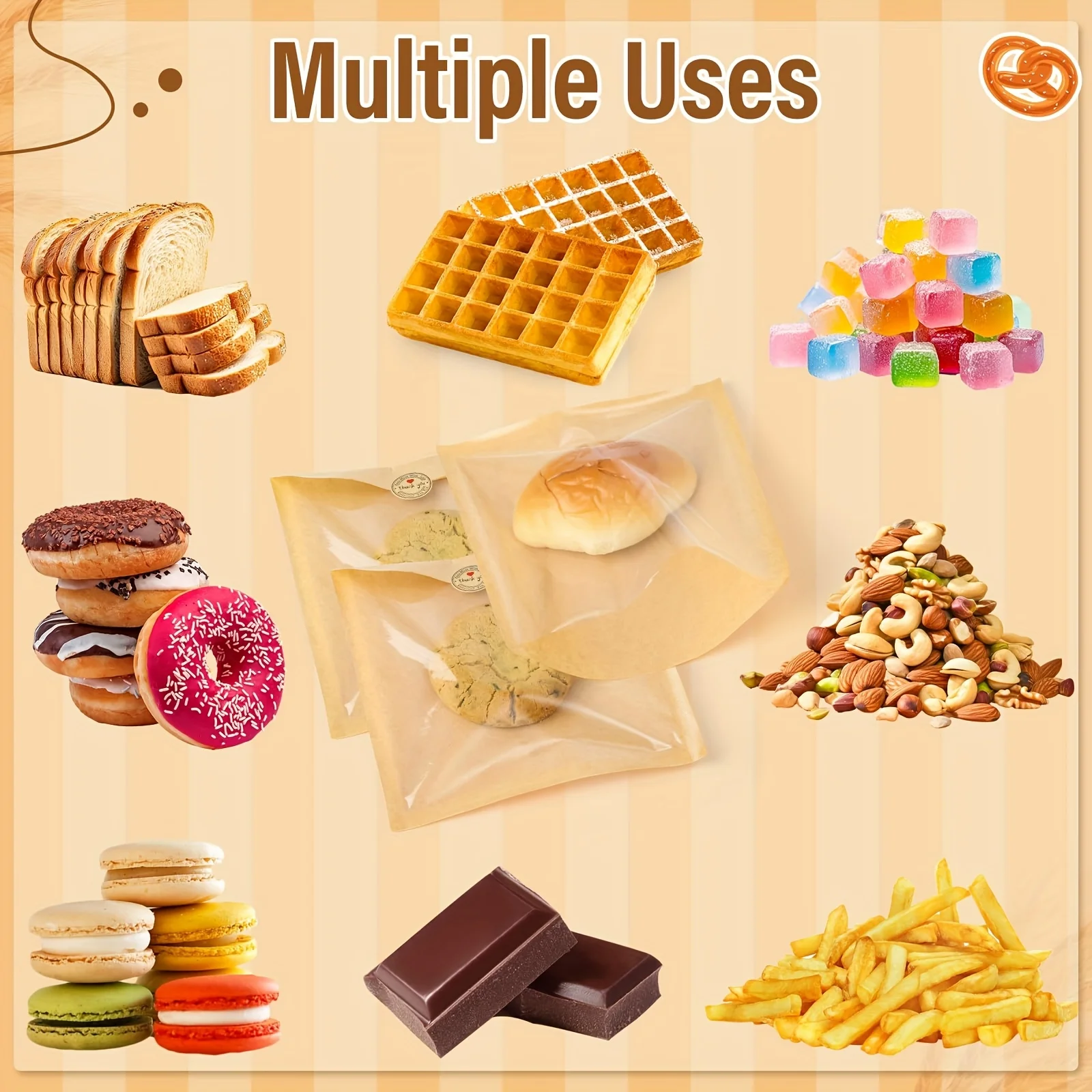 Custom Kraft Bakery Bags with Clear Window & Stickers – 7" Heat-Sealable Treat Pouches - 图片 5