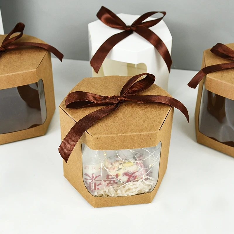 5Pcs Hexagon Kraft Paper Gift Boxes with Transparent Window, Brown and White Dessert Packaging Containers for Baking, Wedding Favors, Candy, Chocolates, and Party Gift Presentation - 图片 5