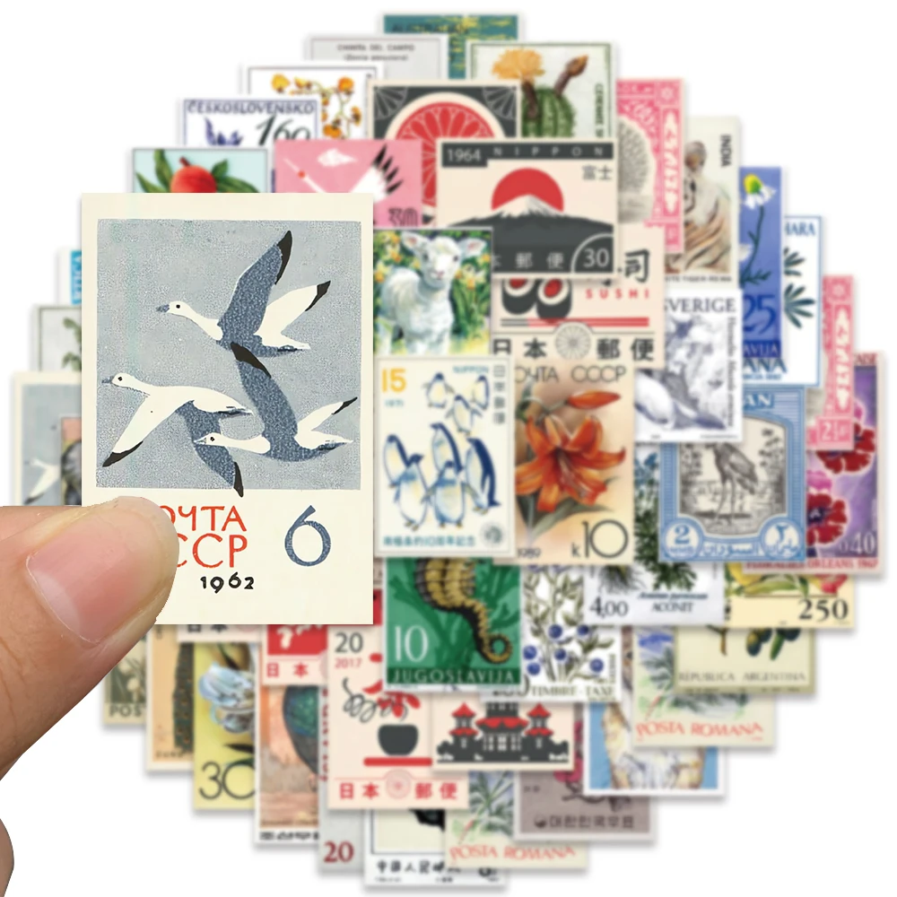 50pcs Vinyl Laptop Decals Aesthetic Retro Cartoon Stamp Style Stickers, Waterproof Graffiti Stickers for Laptop, Water Bottle, Luggage, Skateboard, Car, and DIY Decorative Packaging