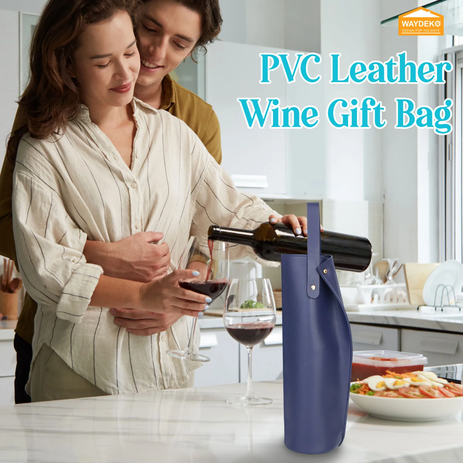 Reusable PVC Leather Wine Tote Bag, Double-Layered Wine Carrier with Handle, Luxury Gift Packaging for Birthdays, Parties, Holidays – Elegant Blue/Brown Wine Holder for Travel and Gifting