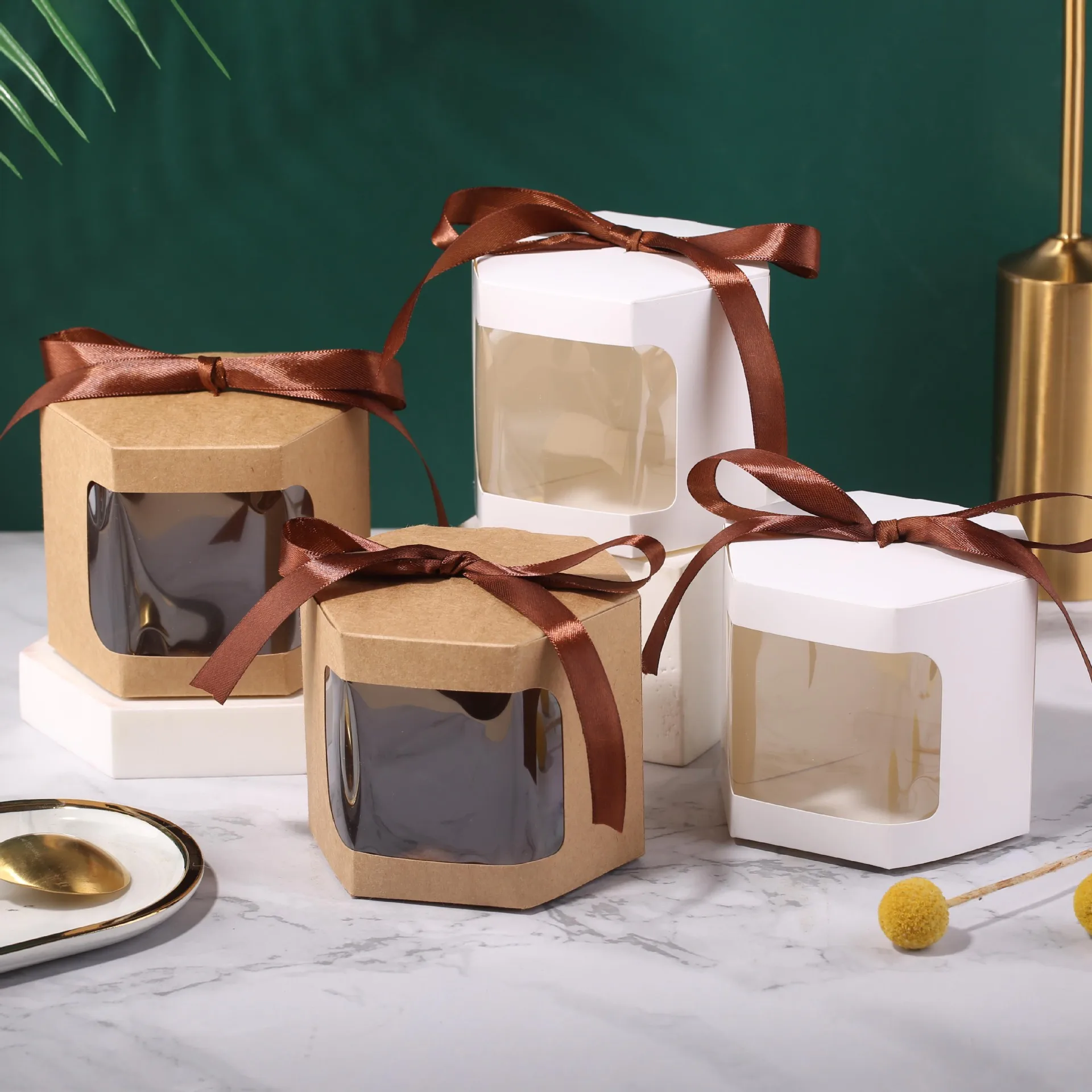 5Pcs Hexagon Kraft Paper Gift Boxes with Transparent Window, Brown and White Dessert Packaging Containers for Baking, Wedding Favors, Candy, Chocolates, and Party Gift Presentation