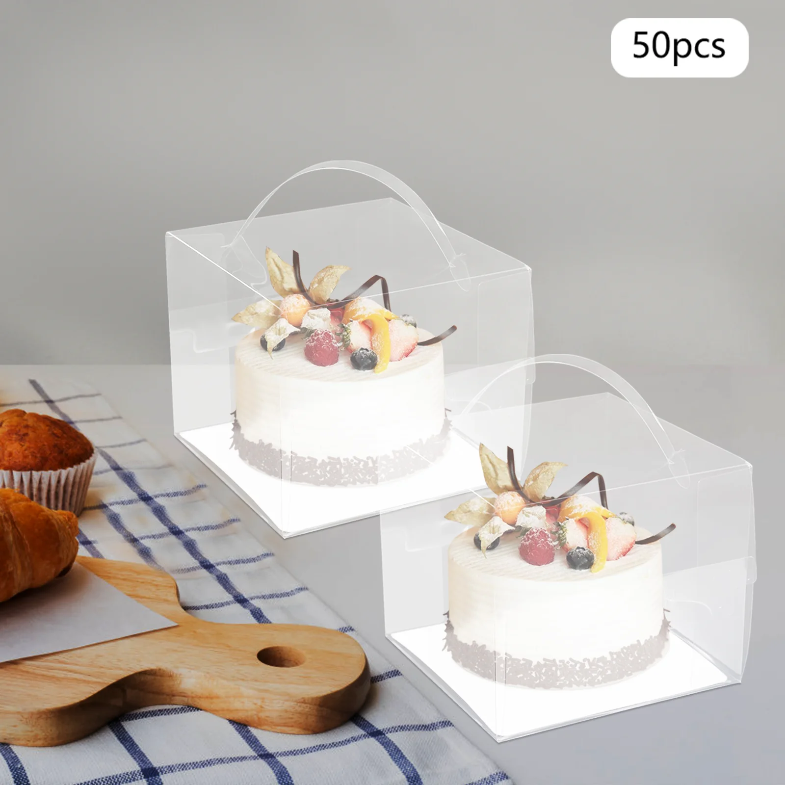 50PCS Clear Cake and Bread Packaging Boxes with Handle, Transparent Dessert Gift Boxes for Cakes, Pastries, Cupcakes, Bakery, Wedding, Birthday, Party Supplies
