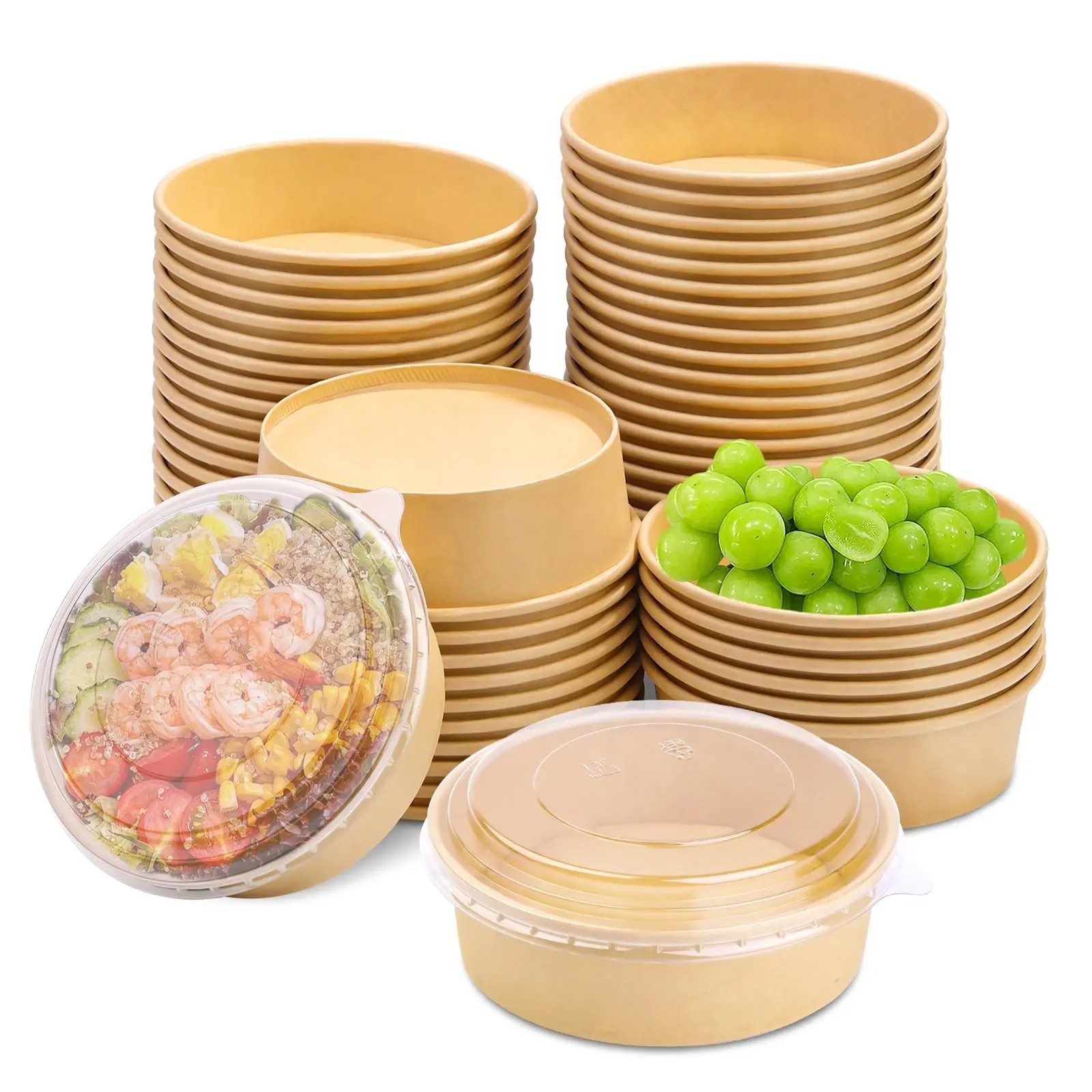 25PCS Kraft Paper Lunch Box with Lid, Square Disposable Food Containers, Eco-Friendly Salad Bowl Takeout Packaging Box for Snacks, Picnic, Meal Prep, Catering, Parties, Household Storage