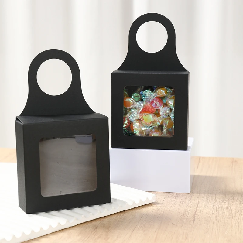10pcs Kraft Paper Wine Gift Packaging Boxes with Window – Folding Hanging Candy, Biscuit, and Cookie Boxes, Reusable Black/White Cardboard Paper Packaging for Gifts and Parties 2