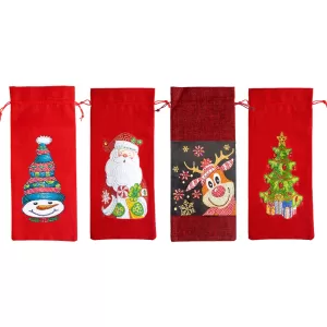 Christmas 5D Diamond Art Wine Gift Bag – DIY Rhinestone Drawstring Linen Bottle Cover, Festive Burlap Packaging for Holiday Parties, Santa Pattern Reusable Wine Bag for Crafts & Gifting