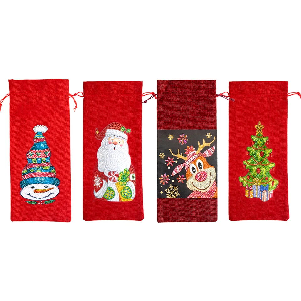 Christmas 5D Diamond Art Wine Gift Bag – DIY Rhinestone Drawstring Linen Bottle Cover, Festive Burlap Packaging for Holiday Parties, Santa Pattern Reusable Wine Bag for Crafts & Gifting - 图片 7