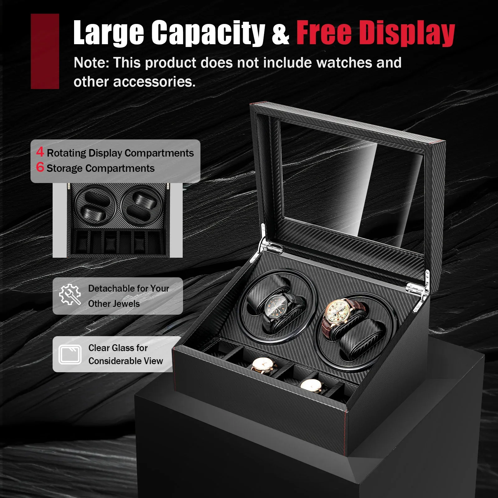 Automatic Watch Winder Display Box with 4+6 Slots for Men and Women, PU Leather Storage Case with Quiet Motor, Rotating Display Tables, Removable Pillows, Dustproof Glass Window, Elegant Luxury Organizer for Mechanical Watches 3