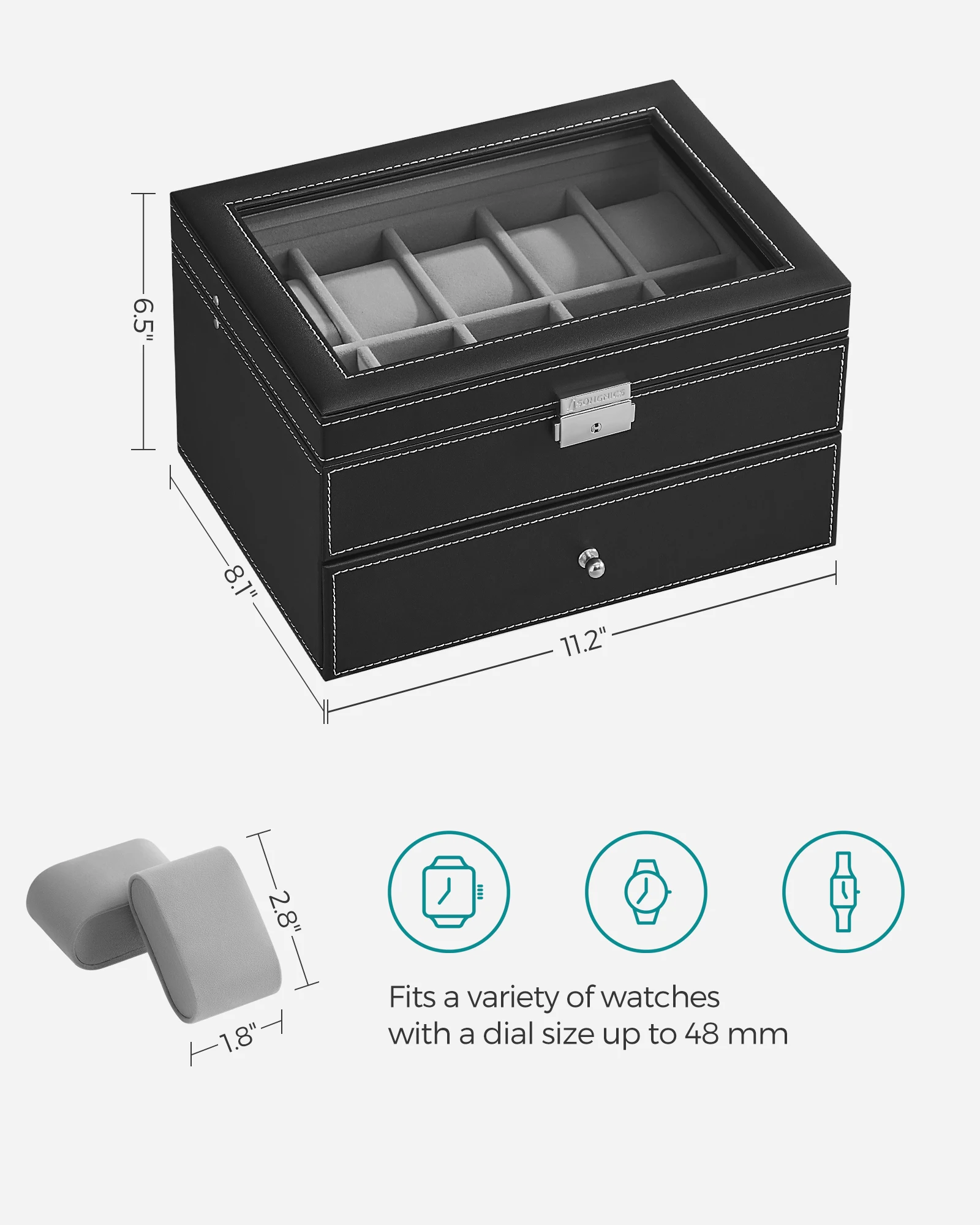 Black Synthetic Leather 20-Slot Watch Box with Glass Lid, Two-Layer Lockable Display Case, Velvet-Lined Organizer for Watches and Jewelry, Medium Density Fiberboard & PU Construction, Elegant Storage for Home & Office - 图片 6