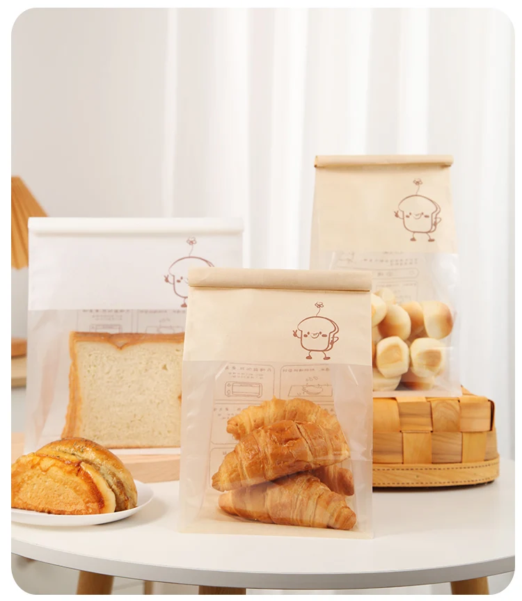 50 Pieces Kraft Paper Roll-Edge Sandwich & Toast Bags with Cartoon Window Print, Food-Safe Packaging for Bread, Desserts, Sweet Potato Rolls, Edible Grade, Durable and Stylish 10