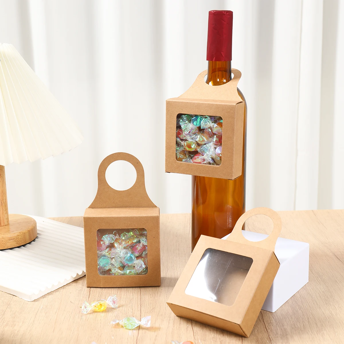 10pcs Kraft Paper Wine Gift Packaging Boxes with Window – Folding Hanging Candy, Biscuit, and Cookie Boxes, Reusable Black/White Cardboard Paper Packaging for Gifts and Parties - 图片 6
