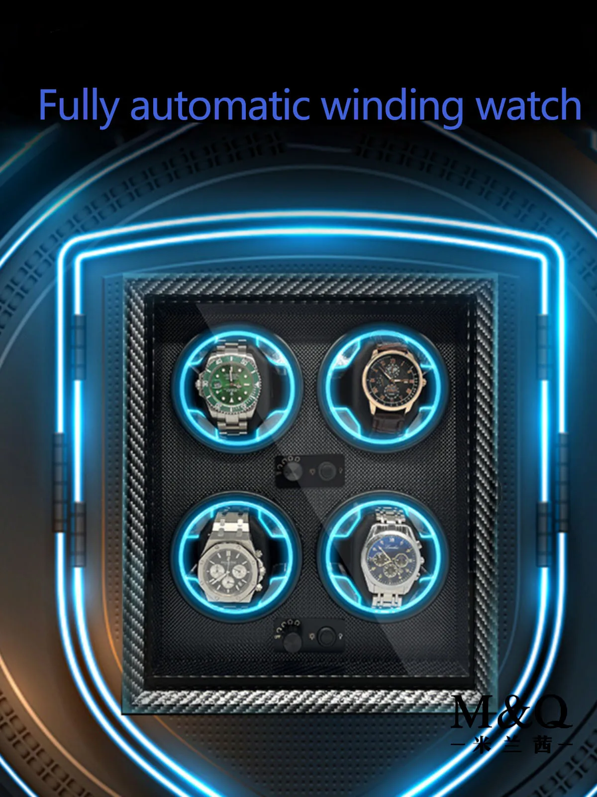 Automatic 4-Slot Watch Winder Box with Blue LED Light, Black Walnut, Red and Carbon Fiber Variants, Soft High-Elastic Memory Foam Pillows, Lid Stop Function, Ultra-Quiet Japanese Motor, USB & AC Powered, Ideal Gift for Luxury Watches 9