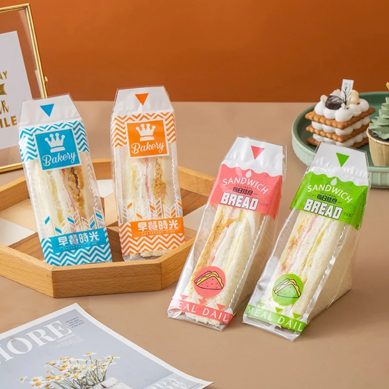 100 Pieces Transparent Anti-Fog Disposable Triangle Sandwich Bags 17.5x23.5cm for Sandwiches, Toast, Burgers, Cake & Bread Packaging, Easy Tear, Food-Safe, Lightweight & Practical for Home & Commercial Use - 图片 3