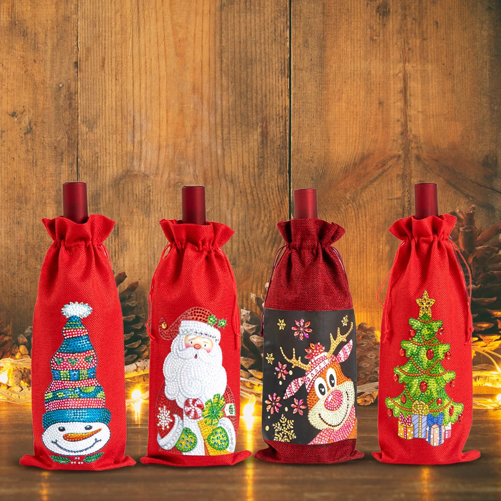 Christmas 5D Diamond Art Wine Gift Bag – DIY Rhinestone Drawstring Linen Bottle Cover, Festive Burlap Packaging for Holiday Parties, Santa Pattern Reusable Wine Bag for Crafts & Gifting - 图片 2