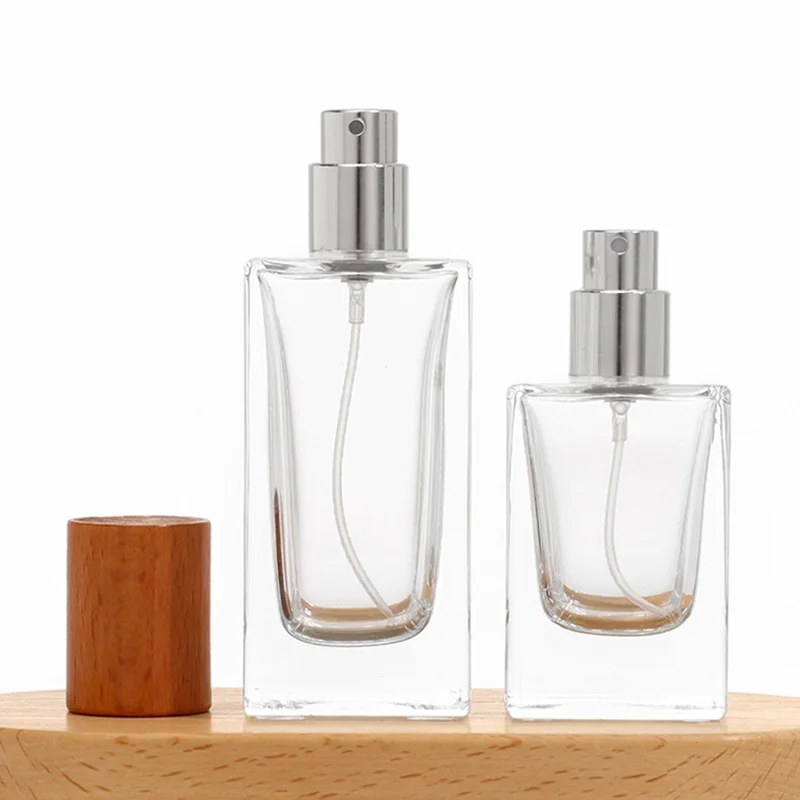 30ml & 50ml Refillable Flat Square Glass Perfume Bottles – Portable Travel Cosmetic Spray Containers with Replacement Wooden Caps, Empty Reusable Fragrance and Essential Oil Storage - 图片 4