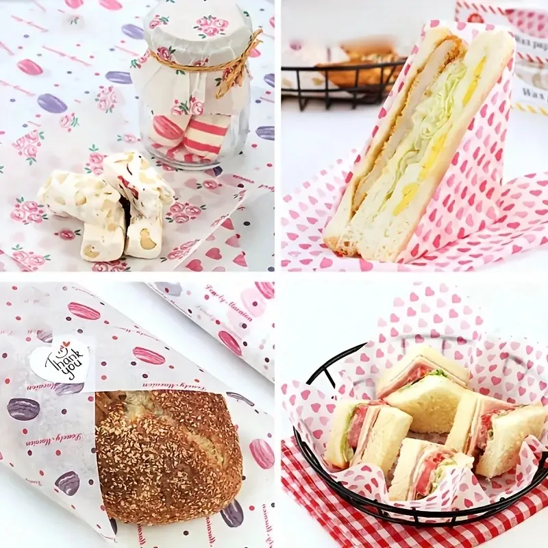 100pcs Colorful Patterned Greaseproof Wax Paper for Food Wrapping – Baking, Sandwich, Hamburger, Snack Basket Liners – Disposable Eco-Friendly Kitchen Packaging Paper for Parties, Cafes & Home Use - 图片 2