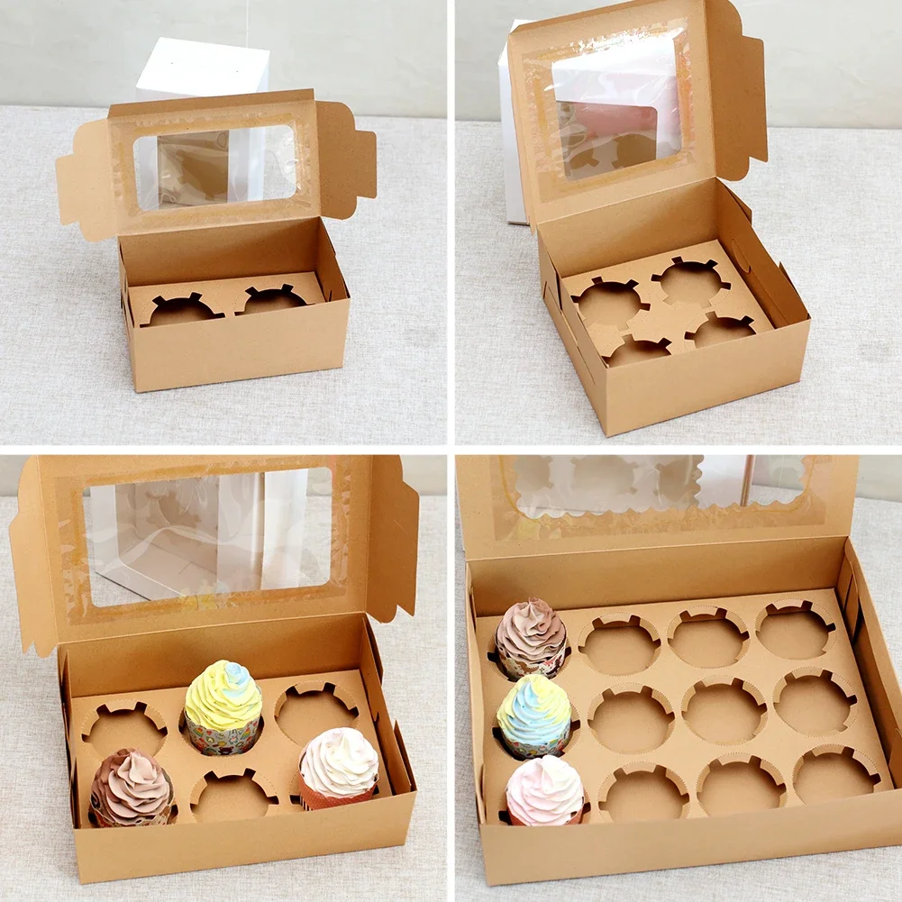 10Pcs Kraft Paper Cupcake Packing Boxes with Clear Window, Cardboard Cake Muffin Cookies Candy Packaging, Wedding Birthday Party Favors, 4 Sizes for Desserts and Gifts 2