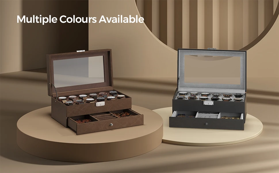 12-Slot Watch Box with Lockable Glass Lid and 2-Layer Design, Velvet-Lined Jewelry Storage Case with Bottom Drawer for Rings, Bracelets, Necklaces, and Accessories, Elegant Display Organizer for Home or Travel